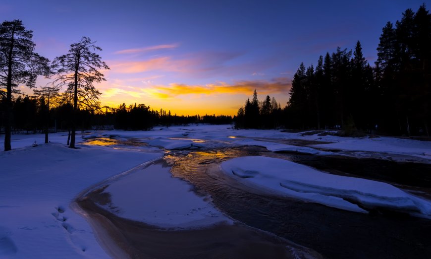 冰封的河流 傍晚夕阳风景壁纸