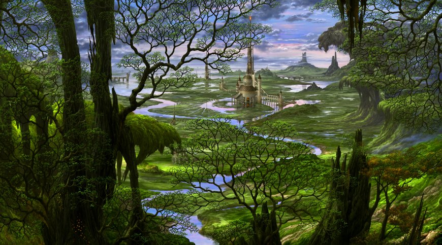 动漫森林中的城堡场景插画壁纸