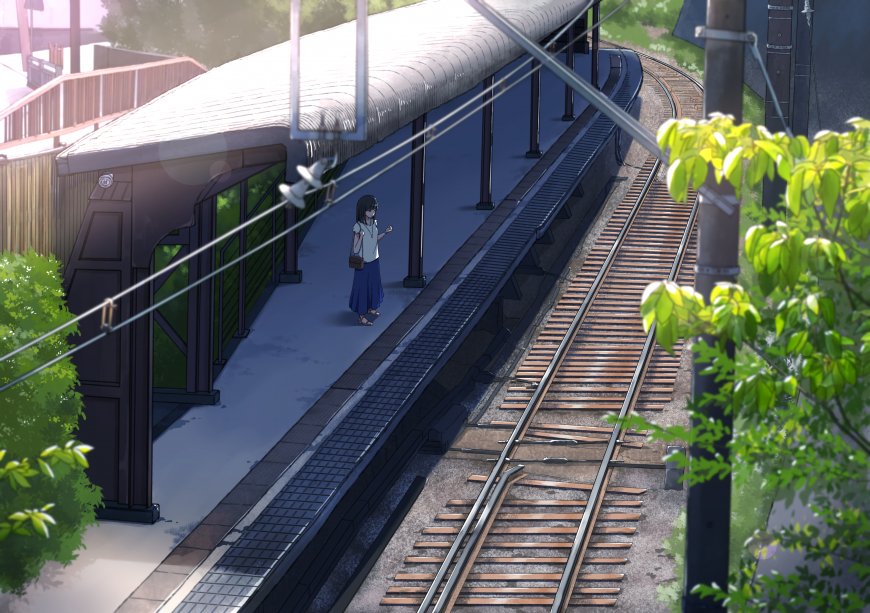 站台等候火车的小姑娘动漫壁纸