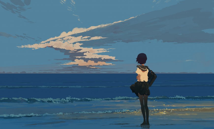 手绘 面向大海的少女插图壁纸
