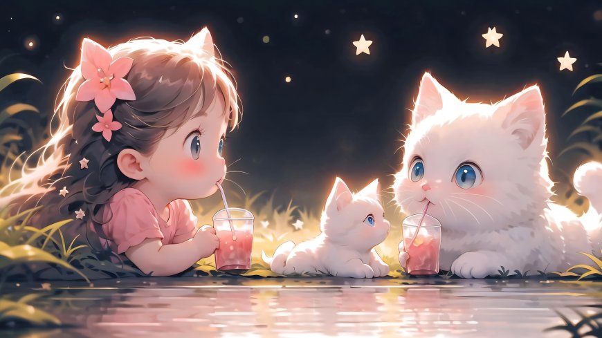 《一起喝果汁喵》小猫 女孩 画师：炼丹 4K高清壁纸
