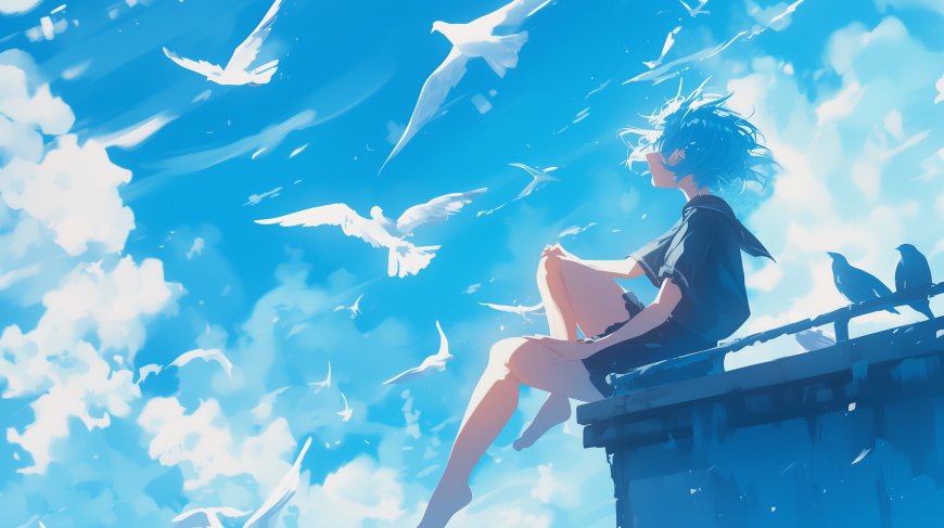 蓝天白云，和平鸽，坐在屋顶一角的少年 