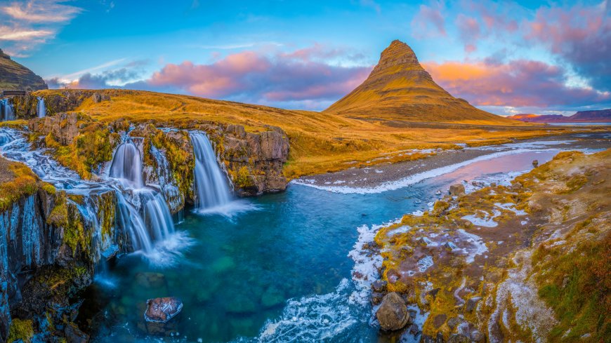基尔丘山超美山脉 ，瀑布景色壁纸 冰岛基尔丘山 壁纸 