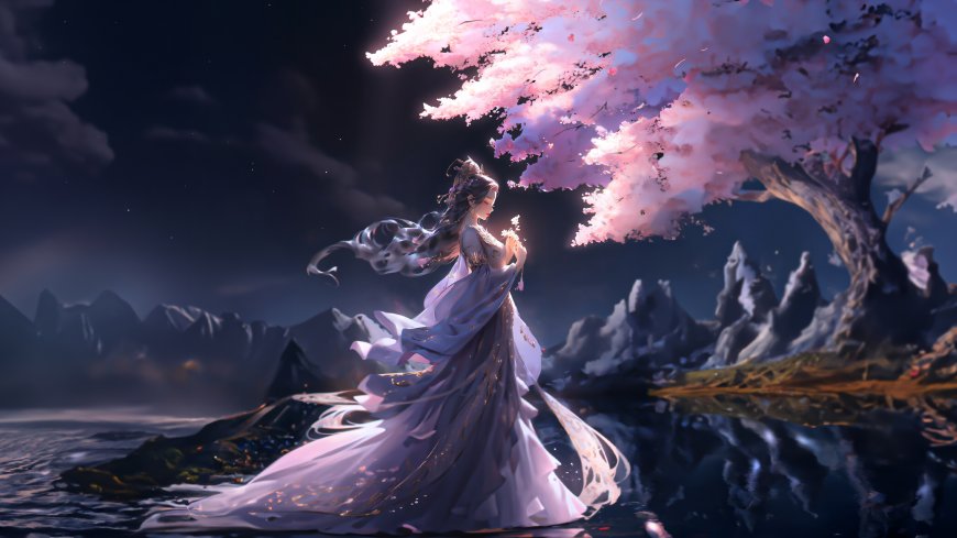明亮月光映衬的树下，踏水而立仙气飘飘的美丽佳人超美想象 AI 壁纸