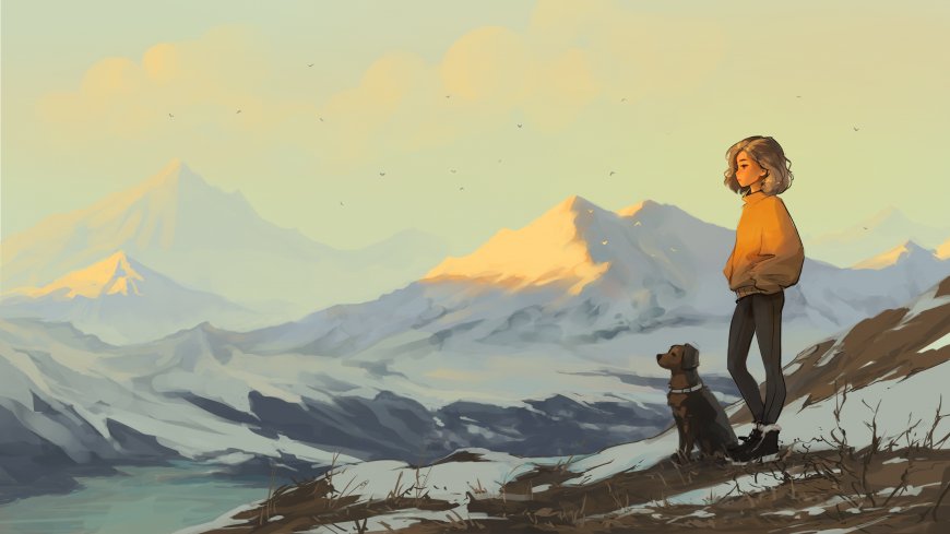 雪山，山坡，金发短发动漫女人和一只狗唯美高清插画壁纸图片