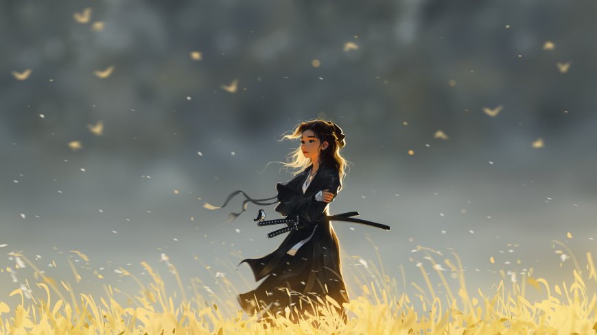 漫天飞絮的原野，一个身穿黑衣，腰挎武士刀的动漫女武士唯美桌面壁纸图片