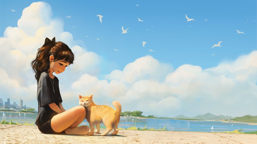 女孩和猫，蓝天白云，湖边沙滩 短裤女孩和她的黄色小猫唯美壁纸图片