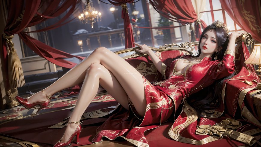 美杜莎 穿着性感红色旗袍古装高跟的性感国漫美女超高清大图壁纸下载.png